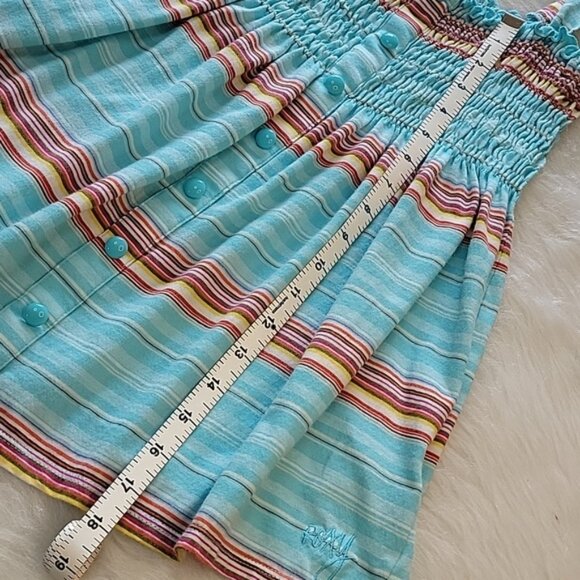 ROXY Retro Boho Aqua Striped Smocked Flowy Sleeveless Baby Doll Summer Top Sz L - Picture 8 of 9